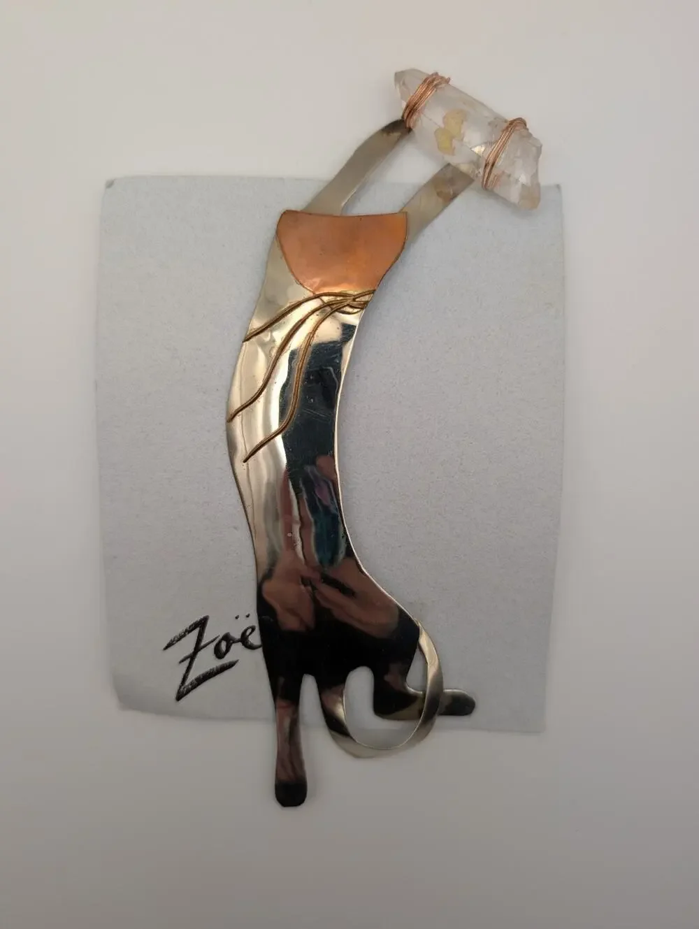 Signed Zoë Artisan Mixed Metal Cat Brooch with Quartz Crystal Point